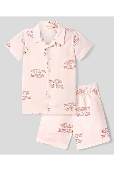 Bonfino Oversized Resort Collar Fish Print Short Set - Light Orange