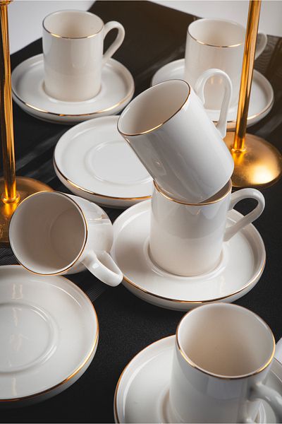 Farika Porselen Miray 12 Piece 6 Person Gold Gilding 80 ml Porcelain Coffee Cup Set