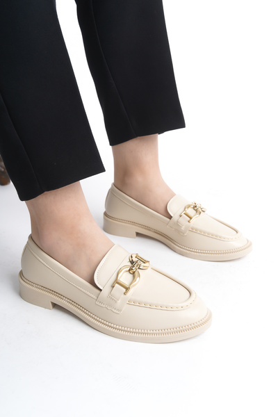 Taha Türk Kadın Krem Loafer Gold Toka Detaylı Maskülen Kadın Ayakkabısı Casual Günlük Şık ve Rahat Ayakkabı