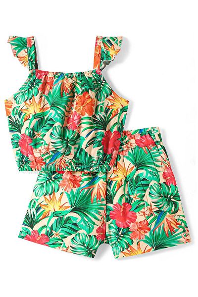 Primo Gino Rayon Woven Sleeveless Top & Shorts Co-Ord Set With Tropical Theme Print - Green