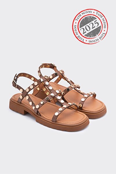 SHOEMARK Kelly Taba Hakiki Deri Trok Detaylı Kadın Sandelet