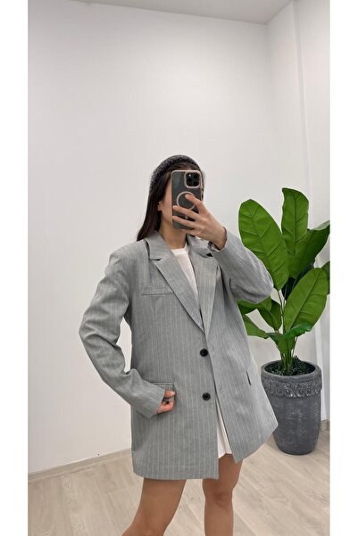 Nazline Women's Striped Double Button Flap Pocket Wide Fit Blezer Jacket