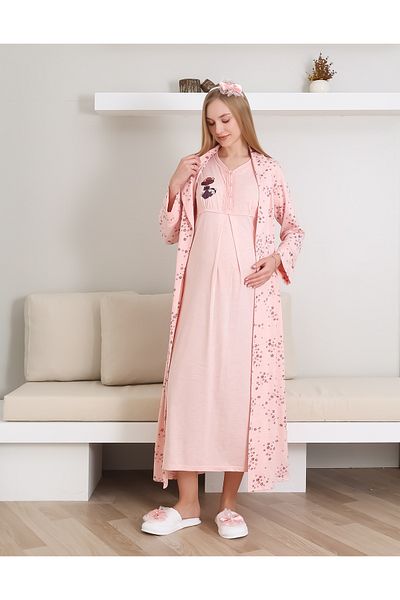 ERDENİZ TEKSTİL Maternity Nightgown, Pajamas and Dressing Gown Set 4-Piece / Embroidered and Buttoned Collar / Cotton Combed Fabric
