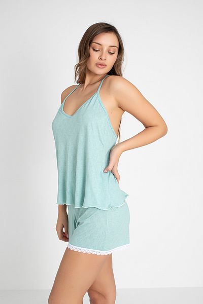 DONEX Lace Detailed Jacquard Rope Strap Shorts Pajamas Set
