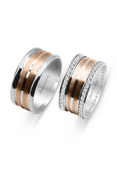 Lilarote Pırlanta Çift Rose Çizgi Çift Alyans 14 Ayar