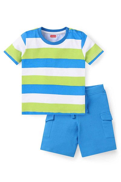 Babyhug Single Jersey Knit Half Sleeves Striped T-Shirt & Shorts Set Pockets-Light Blue Green &White