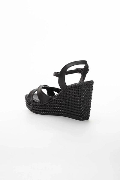 MFT AYAKKABI Women's Black Cross Wedge Heeled Classic Style Sandals