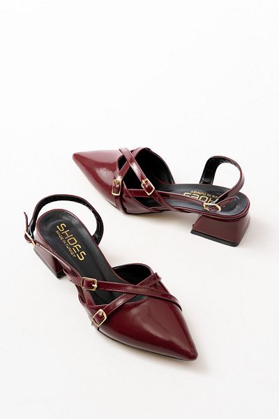 Büşra Çetin Mary Jane Burgundy Open Back Pointed Toe Short Block Heeled Baretli Belt Detailed