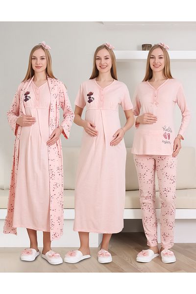 ERDENİZ TEKSTİL Maternity Nightgown, Pajamas and Dressing Gown Set 4-Piece / Embroidered and Buttoned Collar / Cotton Combed Fabric