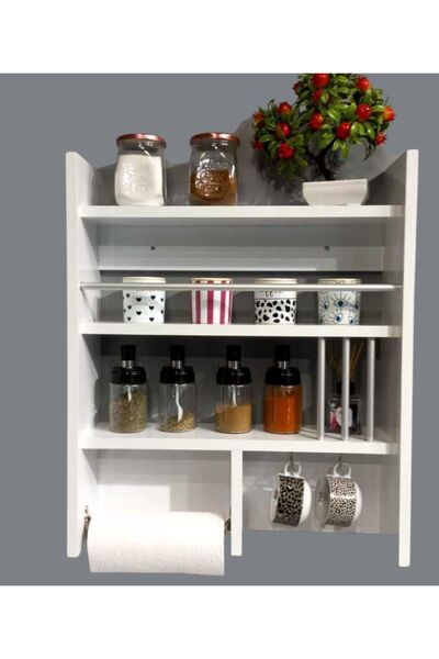 Bicabin Terek, Baharatlık, Dekoratif Çok Amaçlı Duvar Rafı, Düzenleyici, Organizer, Mutfak Rafı Beyaz