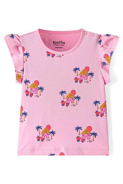 Bonfino 100% Cotton Knit Sleeveless Top & Shorts Co-ord Set With Sunset Print - Pink