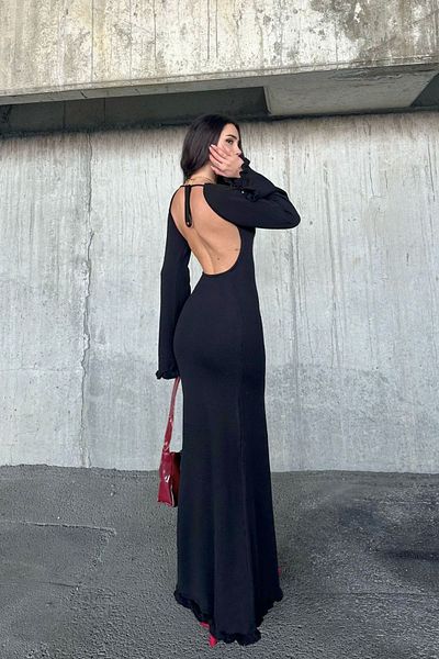 JaMolls Wide Sleeve Waist Sitting Knitwear Back Low-Cut Long Dress