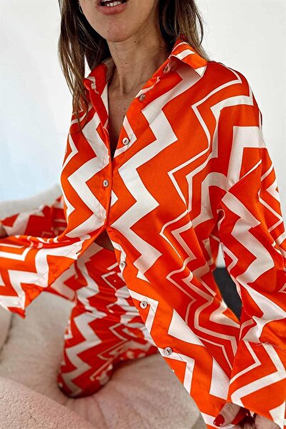 Maldia Shop Women's Patterned Spanish Leg Shirt Pants Orange Satin Suit