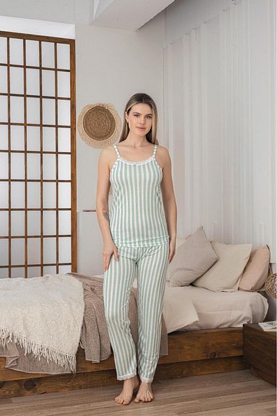 MEBA Women's Rope Strap Lace Neck and Leg Detailed Summer Green Striped Pajamas Set