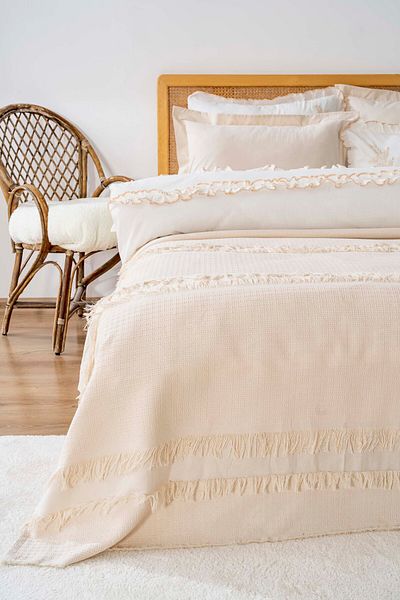 Rivaİstanbul Brianna Cream Double Duvet Cover Bedspread 100% Cotton - 7 Piece Dowry Set
