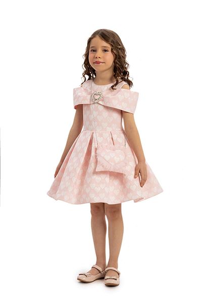 Pamina Pink 3-7 Years Girl Heart Printed Dress and Bag