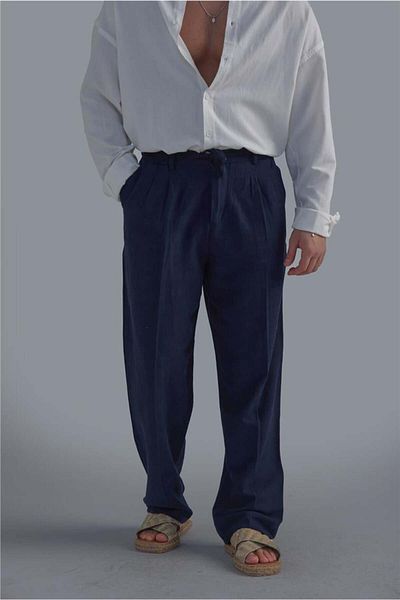 OUTFİT MAN Men's Waist Tie Linen Baggy Navy Blue