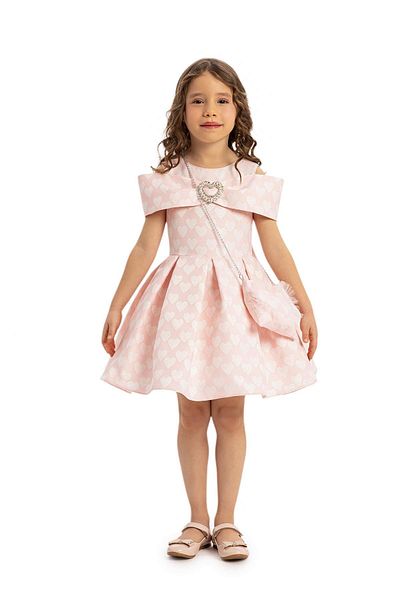 Pamina Pink 3-7 Years Girl Heart Printed Dress and Bag
