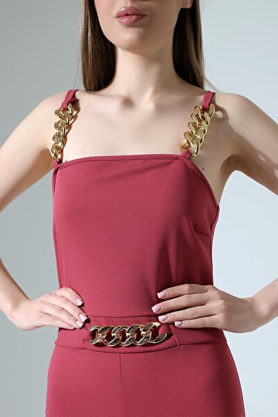 Deafox Gül Kurusu Önü ve Askısı Zincir Detay İthal Krep Kumaş Tulum