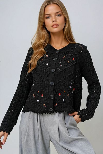 VAGGON Women's Black Crew Neck, Openwork and Embroidered Knitwear Cardigan