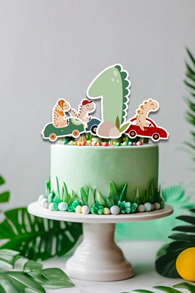 Niksy Design زينة كعكة على شكل ديناصورات متسابقة بعمر سنة واحدة مكونة من 4 قطع