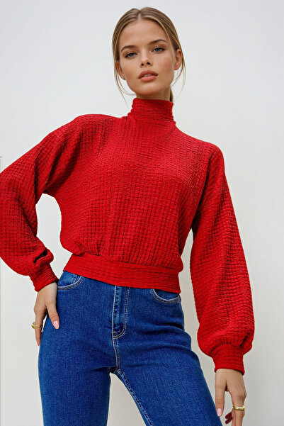 VAGGON Women's Red Half Turtleneck Wrap Crop Blouse Prmx13124