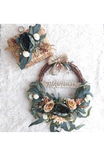 Lotus Hediye Yeşil Şakayık Kapı Süsü ve Hasır Sepet Takımı