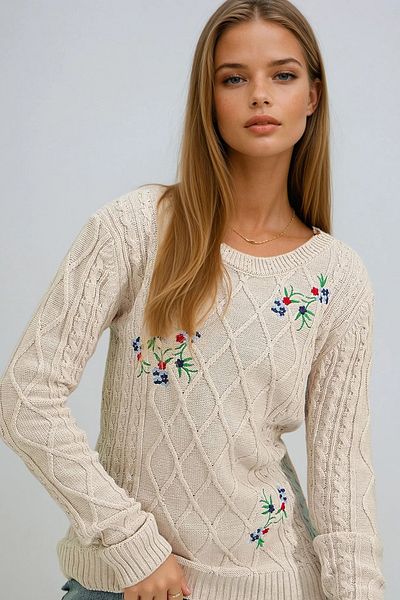 VAGGON Pulover de damă, bej, cu decolteu, tricotaje brodate Prmx9280