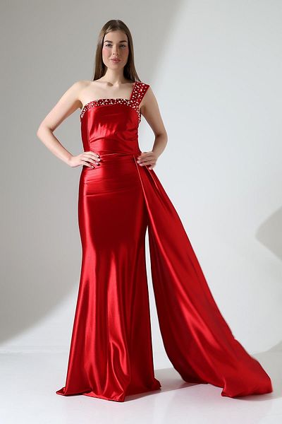 Deafox Red Satin Fabric Stone Detailed Maxi Length Evening Dress with Tail