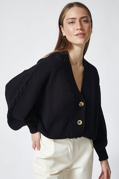TRQOM Women's Knitted Balloon Sleeve Casual Black Knitwear Cardigan
