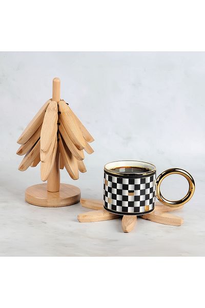 Home 4-Piece Wooden Tree Trivet with Stand - Bamboo Trivet - Practical Folding Trivet - Bamboo Coaster