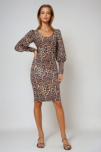 VAGGON Жіноче сукня з гірчично-чорним коміром-човником, леопардовим принтом, ...