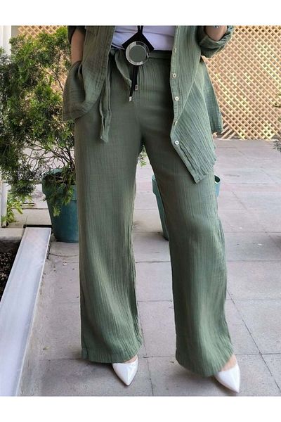 DenizEge Belted Muslin Trousers Khaki