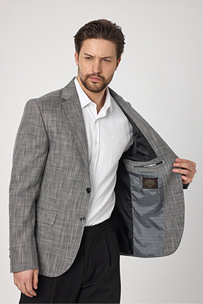 Frappoli Zenos Erkek Siyah Keten Görnümlü İlkbahar-Yaz Ekose Blazer Ceket