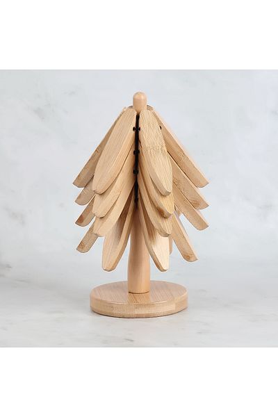 Home 4-Piece Wooden Tree Trivet with Stand - Bamboo Trivet - Practical Folding Trivet - Bamboo Coaster