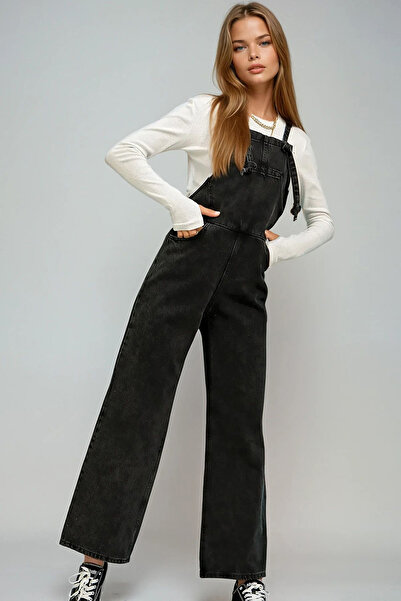 VAGGON Women's Black Kangaroo Pocket Denim Gardener Salopet