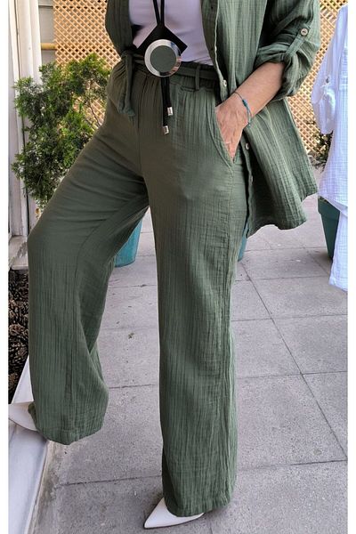 DenizEge Belted Muslin Trousers Khaki