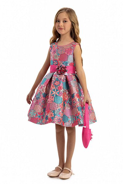 Pamina Pink Girl's Jacquard Patterned Dress with Bag 3-7 Years