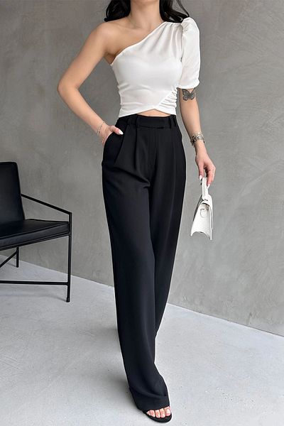 Fav Style Λευκή γυναικεία ασύμμετρη λαιμόκοψη με έναν ώμο κοντό πριγκίπισσα μανίκι Crop μπλούζα