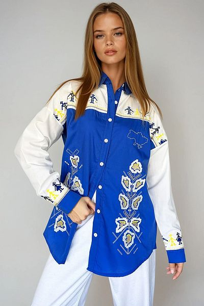 VAGGON Cămașă oversize din popelin brodat albastru pentru femei Prmx11166