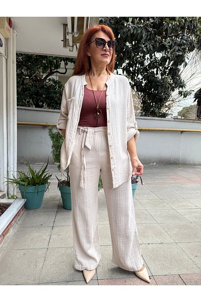 DenizEge Belted Muslin Trousers Beige