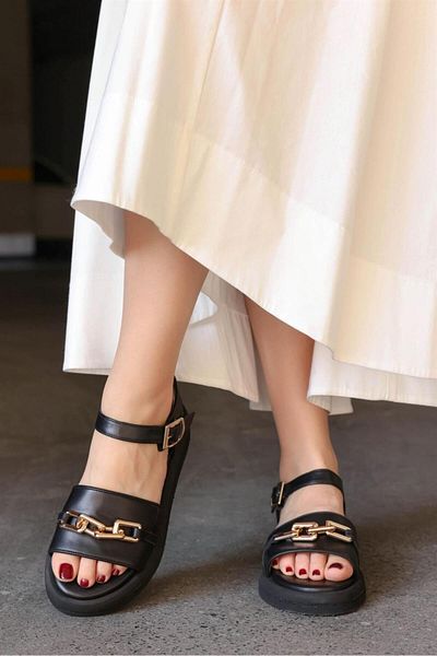 NILUFARR Caremio Black Genuine Leather Gold Buckle Women's Sandals