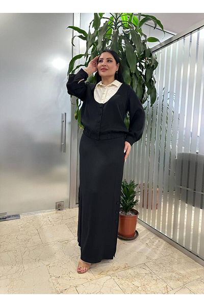mardi exclusive طقم تنورة قميص أبيض وأسود بتفاصيل لؤلؤية مقاس كبير للسيدات