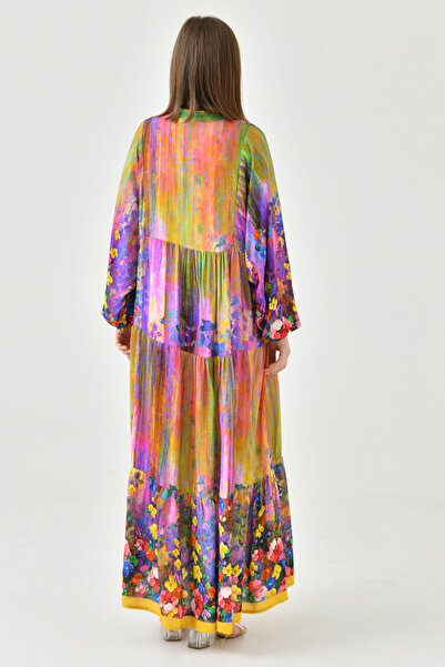 lovebox Magnifying Collar and Button Floral Print Midi Dress - Balloon Sleeve, Wide Flared 3412