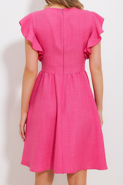 VAGGON Γυναικείο ροζ μανίκια με λαιμόκοψη με φερμουάρ Aerobin λινό υφαντό φόρεμα Prmx11854