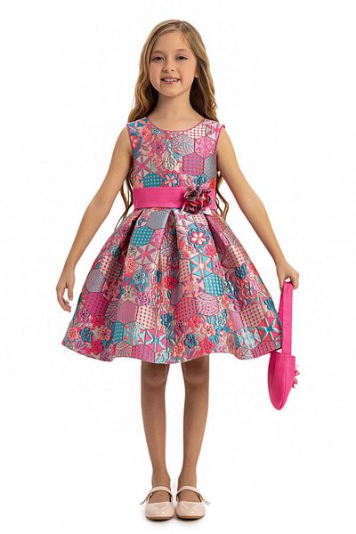 Pamina Pink Girl's Jacquard Patterned Dress with Bag 3-7 Years