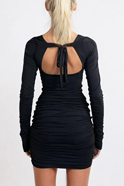 VAGGON Women's Black Square Neck Back Low-Cut Drape Detail Sandy Dress Prmx13302