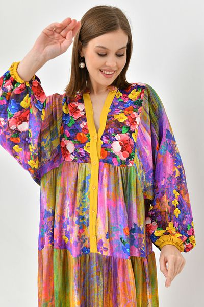 lovebox Rochie de vară cu decolteu cu nasturi cu model floral, mânecă cu balon, lungime midi, evazată, evazată 3412
