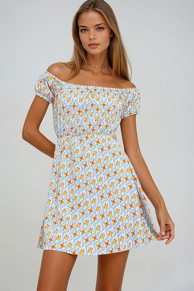 VAGGON Blue-Orange Madonna Collar Watermelon Sleeves Patterned Crinkle Knitted Women's Dress Prmx10516