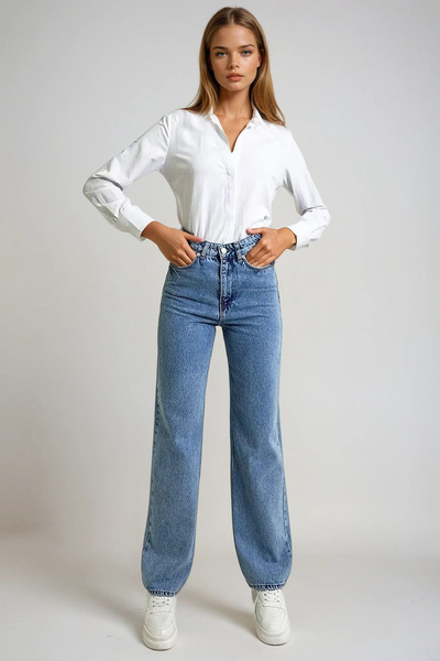 VAGGON Kadın Buz Mavi Yüksek Bel Yıkamalı Palazzo Jean Pantolon Prmx13306